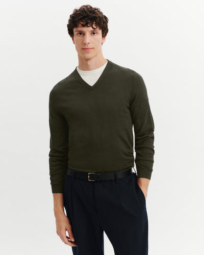 Pull col V Faustin-KAKI KOMBU-100% cachemire