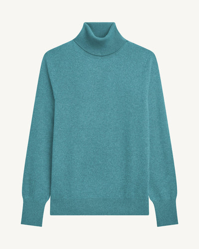 Pull col roulé classique-CYAN-100% cachemire