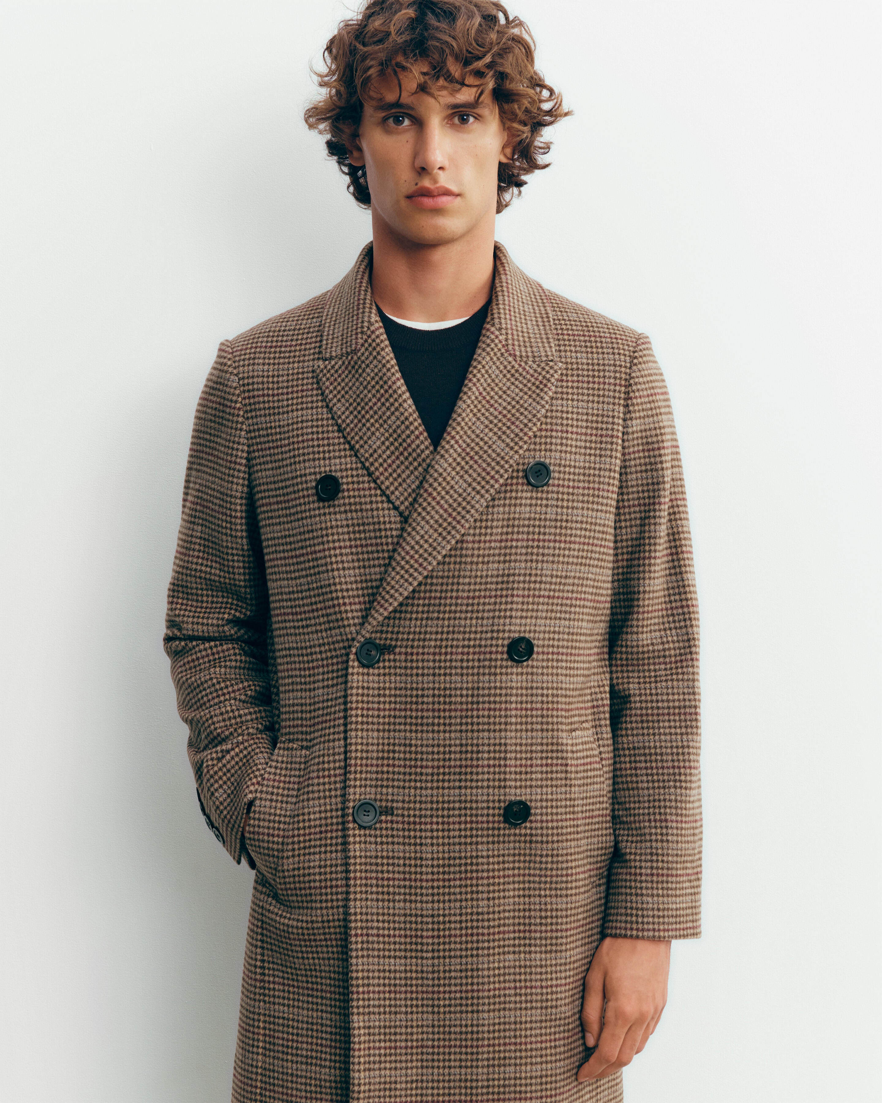 Houndstooth coat in Cashmere, Yak Men millet/chocolate brown