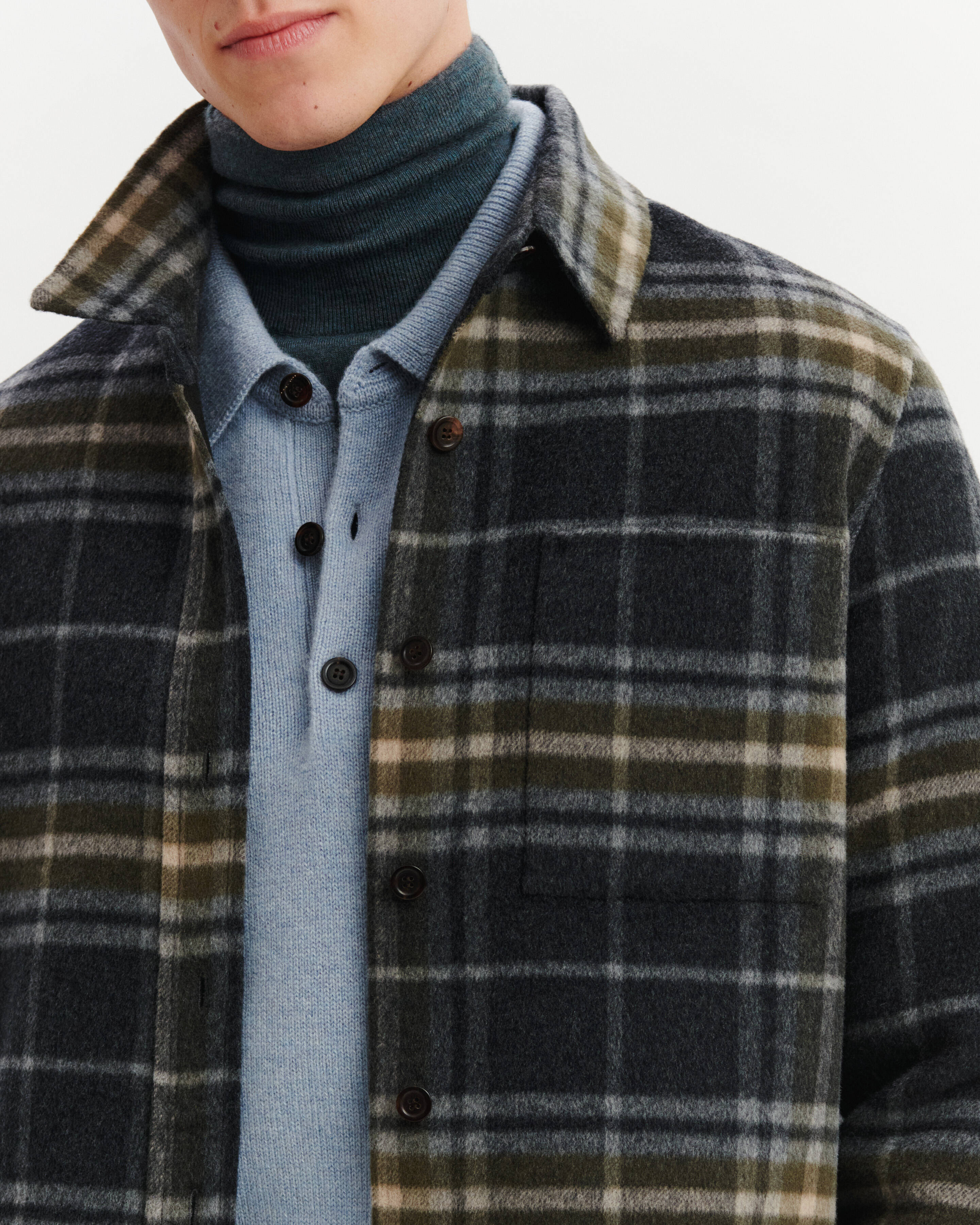 Surchemise double face tartan-CHARBON/OLIVE-90% laine 10% cachemire