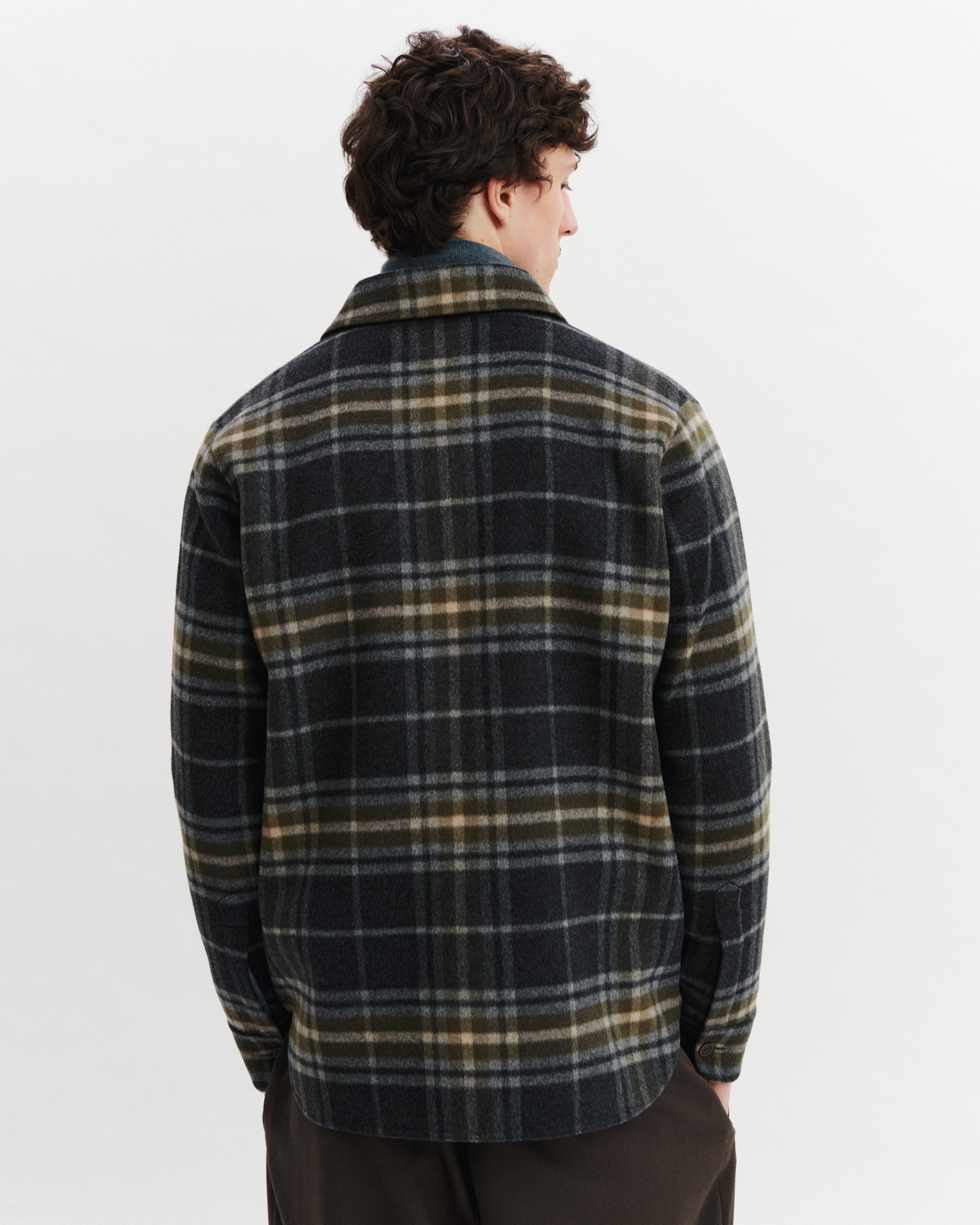 Surchemise double face tartan-CHARBON/OLIVE-90% laine 10% cachemire