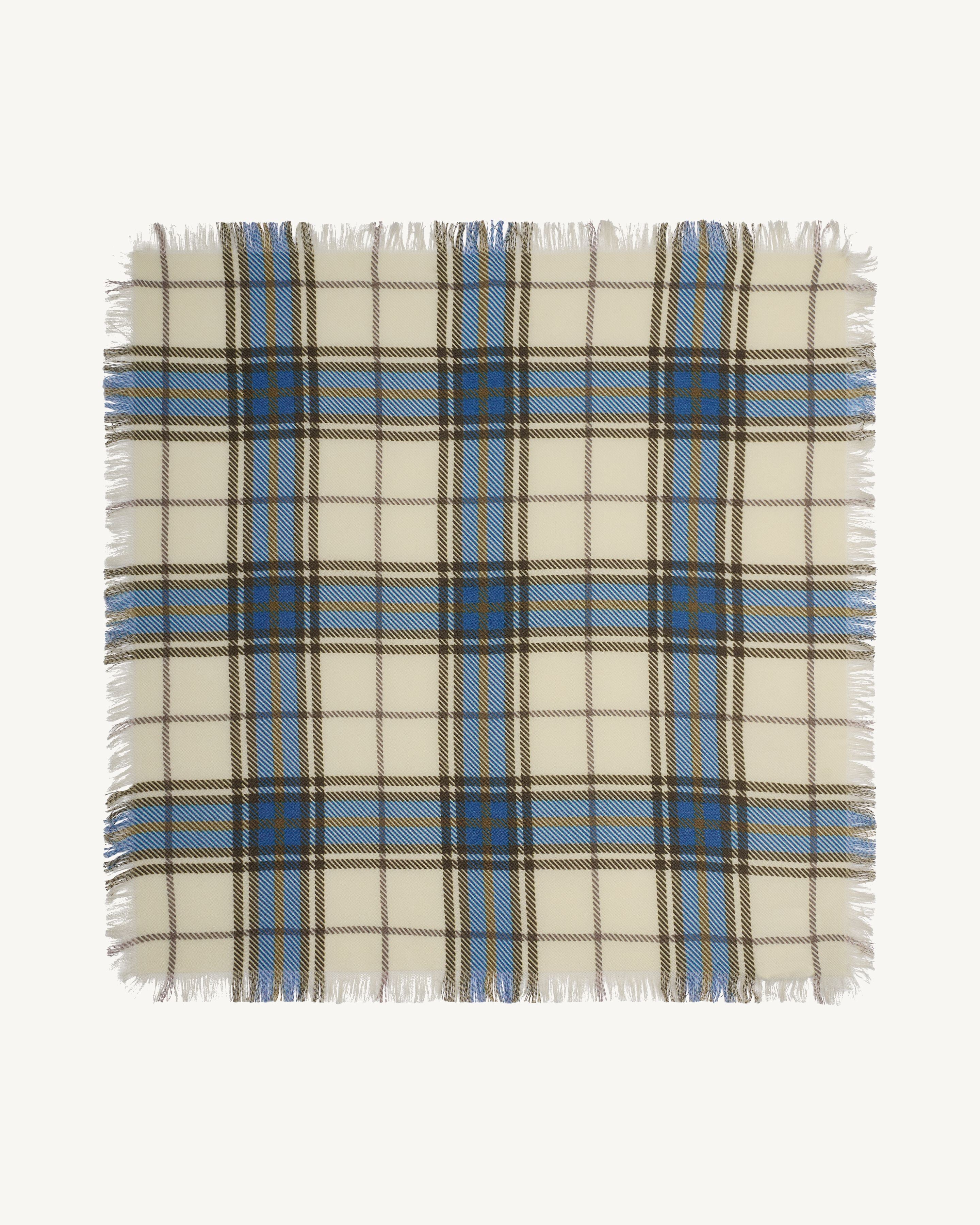 Mini carré imprimé tartan -NATUREL/BLEU DE DELFT-100% cachemire