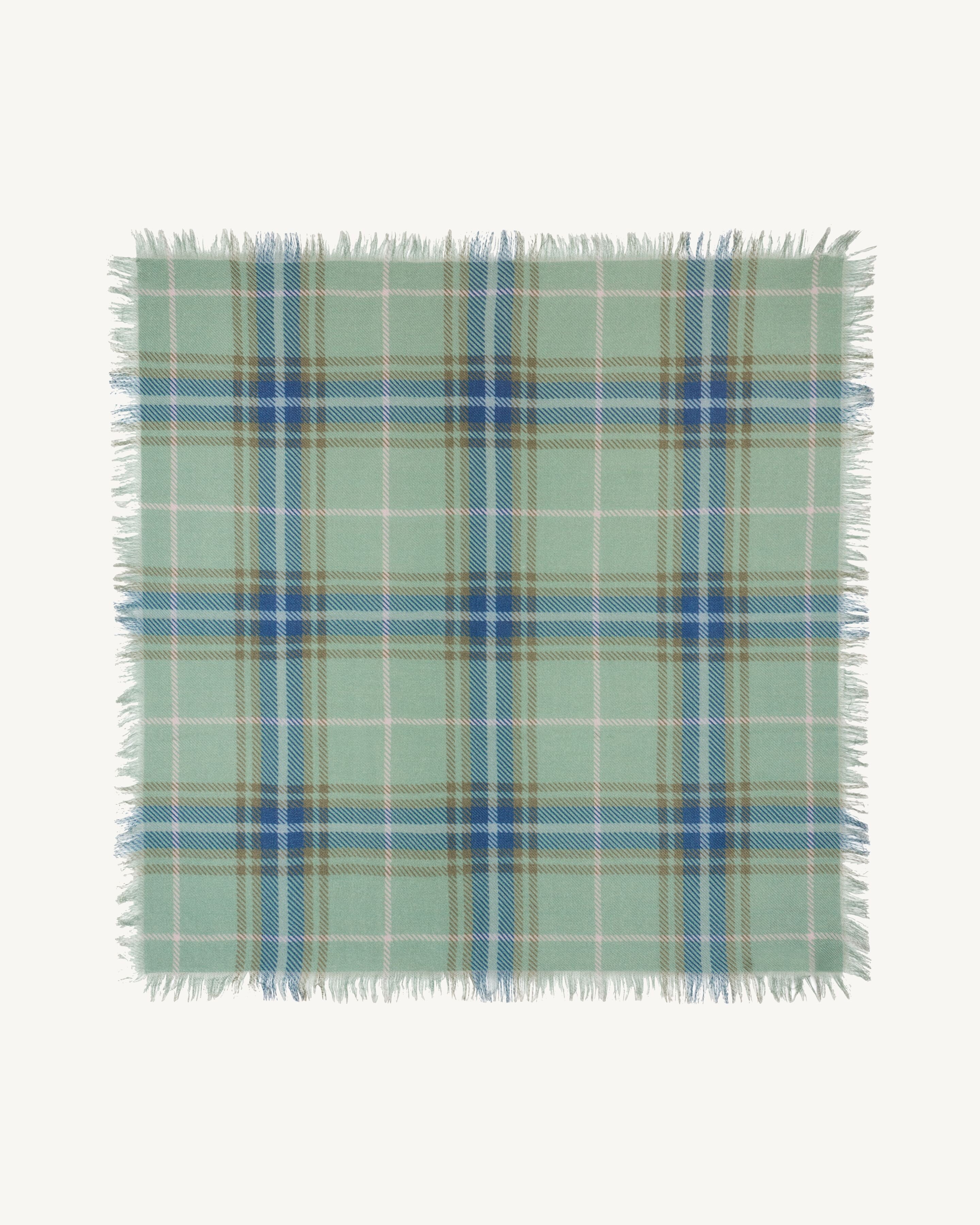 Mini carré imprimé tartan -VERT DE GRIS/BLEU DE DELFT-100% cachemire