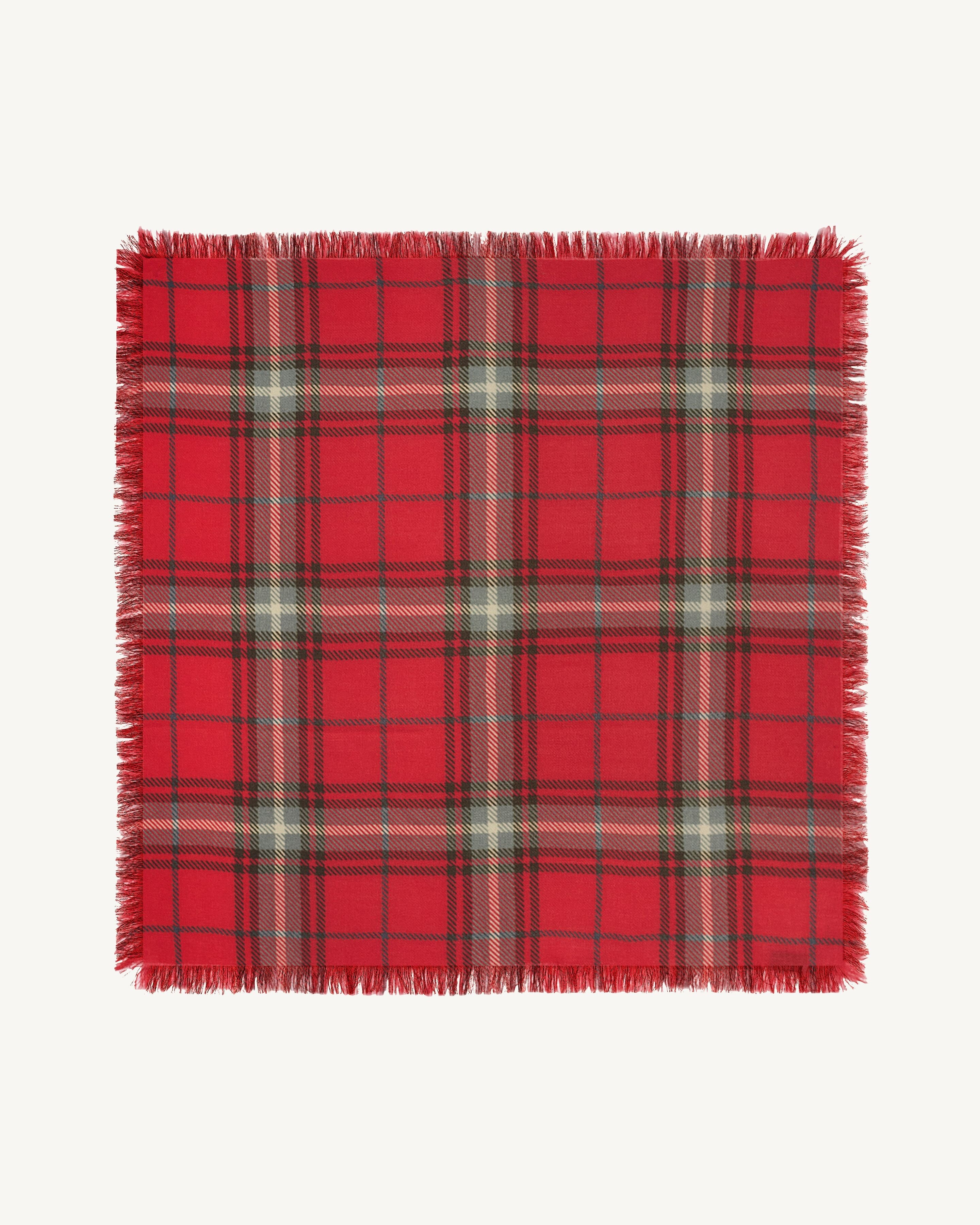 Mini carré imprimé tartan -ROUGE QUARANTE/GRIS METEORITE-100% cachemire
