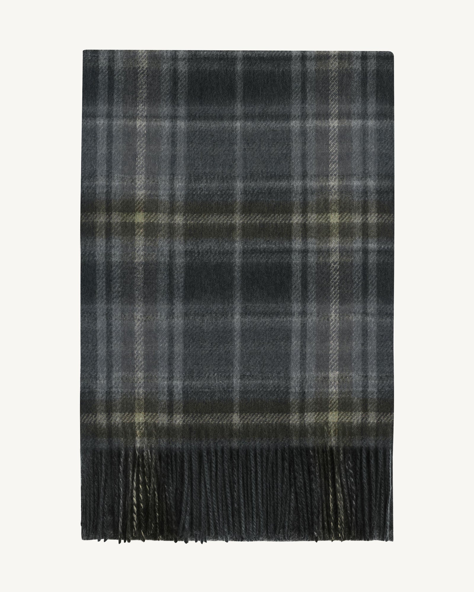 Écharpe tartan à franges-CHARBON/OLIVE-100% cachemire
