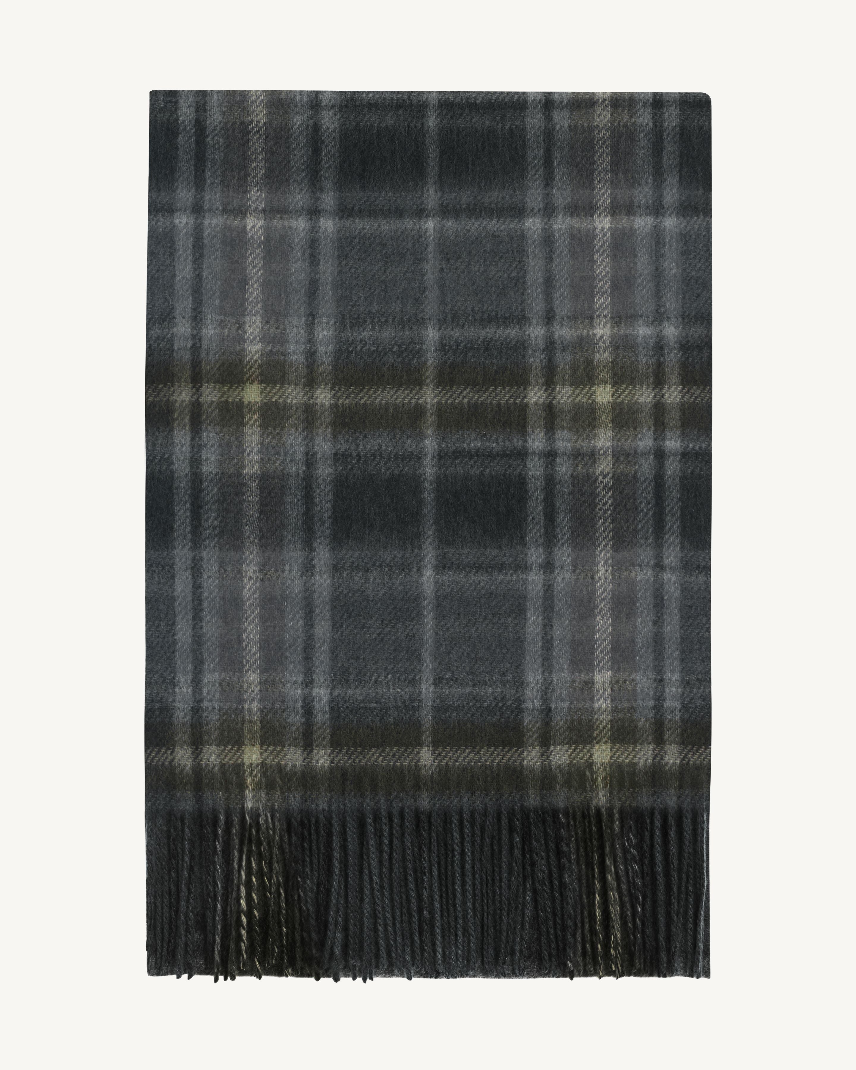 Écharpe tartan à franges-CHARBON/OLIVE-100% cachemire