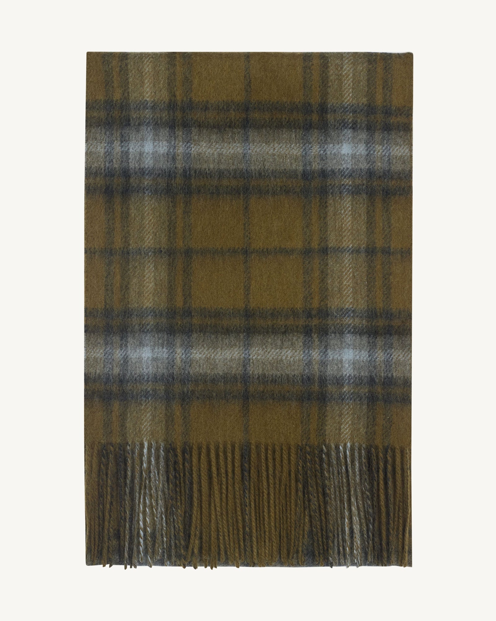 Écharpe tartan à franges-OLIVE/GRIS METEORITE-100% cachemire