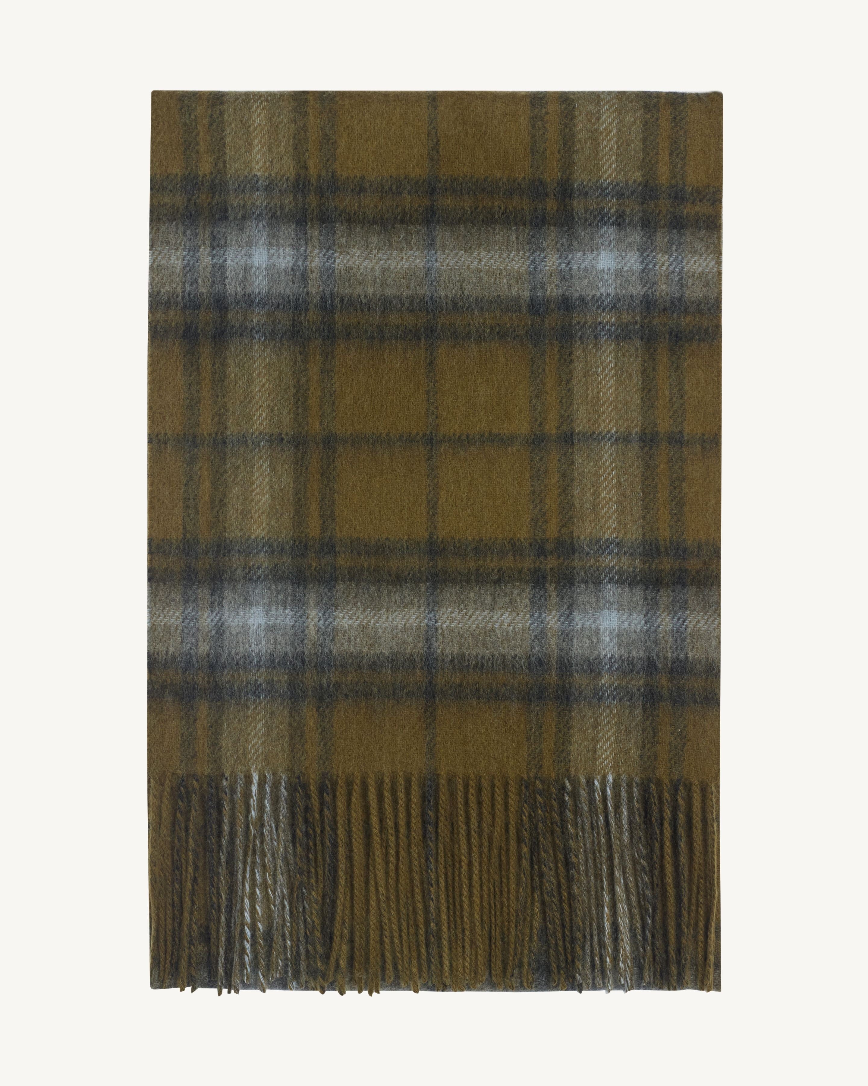 Écharpe tartan à franges-OLIVE/GRIS METEORITE-100% cachemire
