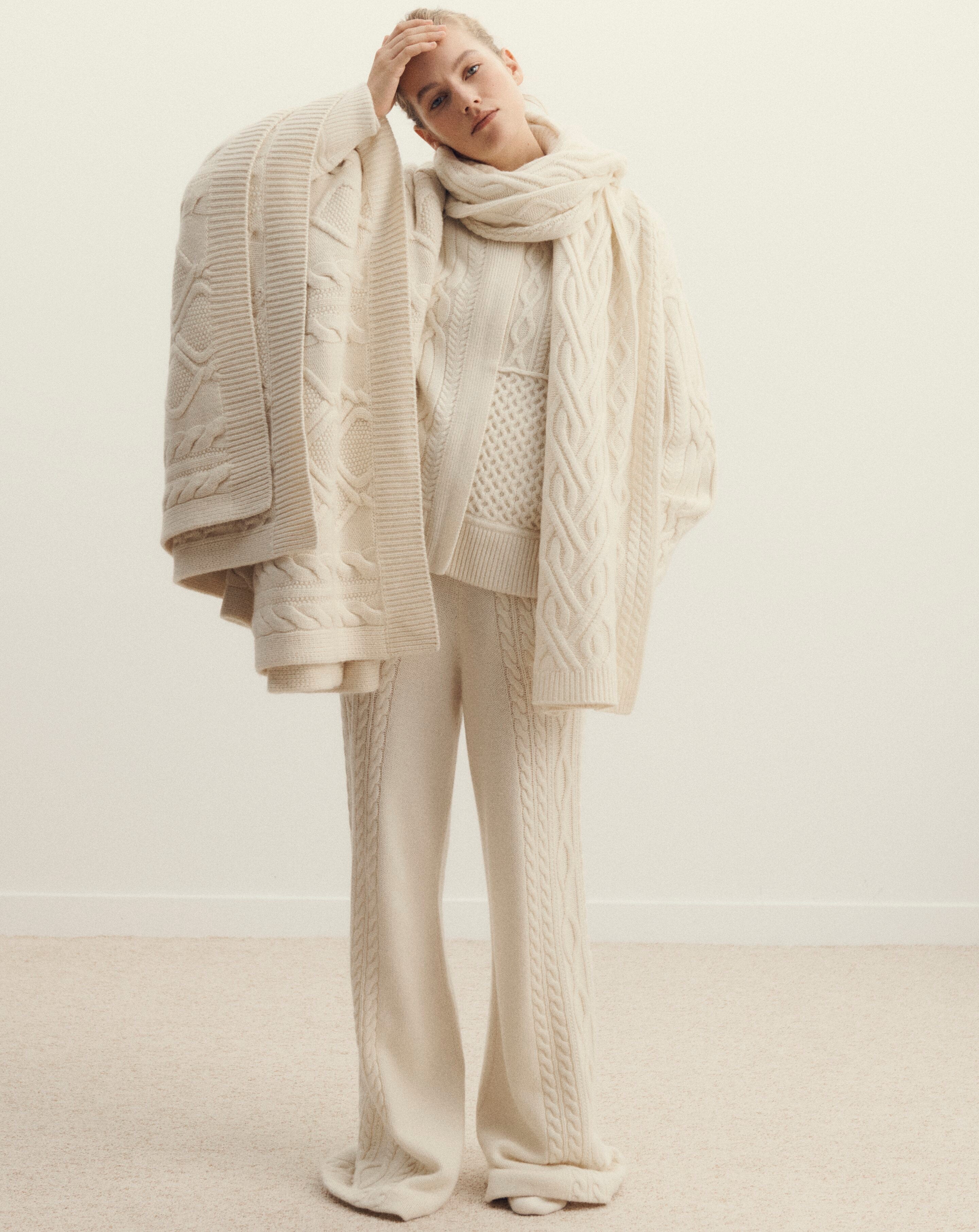 Plaid jeu de torsades-ECRU-100% cachemire