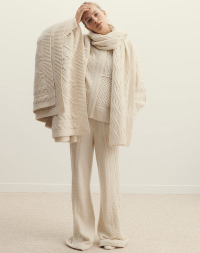 Plaid jeu de torsades-ECRU-100% cachemire