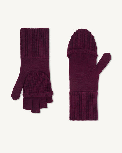 Mitaines à rabat-PRUNE DAMAS-100% cachemire