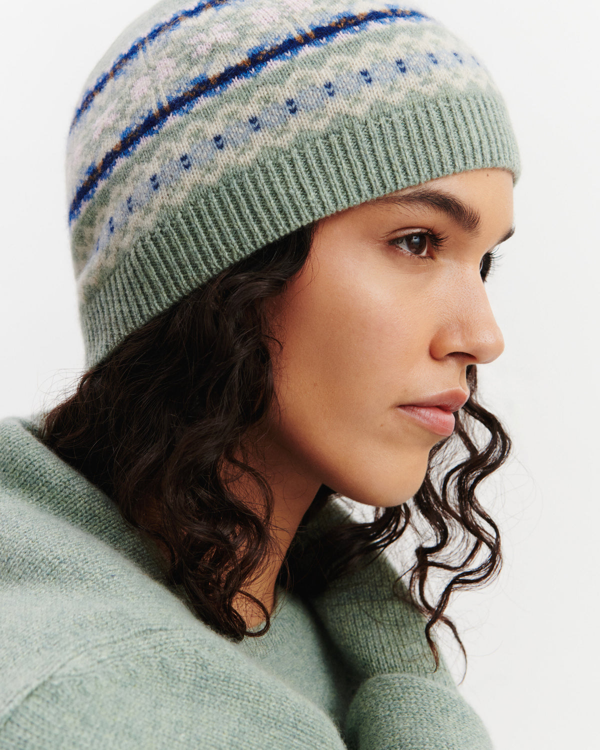 Bonnet fairisle-VERT DE GRIS/BLEU DE DELFT-100% cachemire