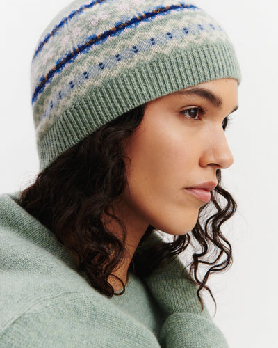 Bonnet fairisle-VERT DE GRIS/BLEU DE DELFT-100% cachemire