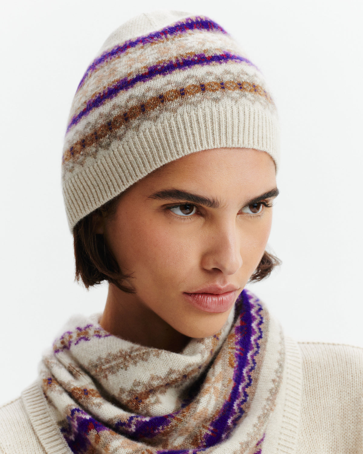 Bonnet fairisle-AVOINE/ULTRAVIOLET-100% cachemire