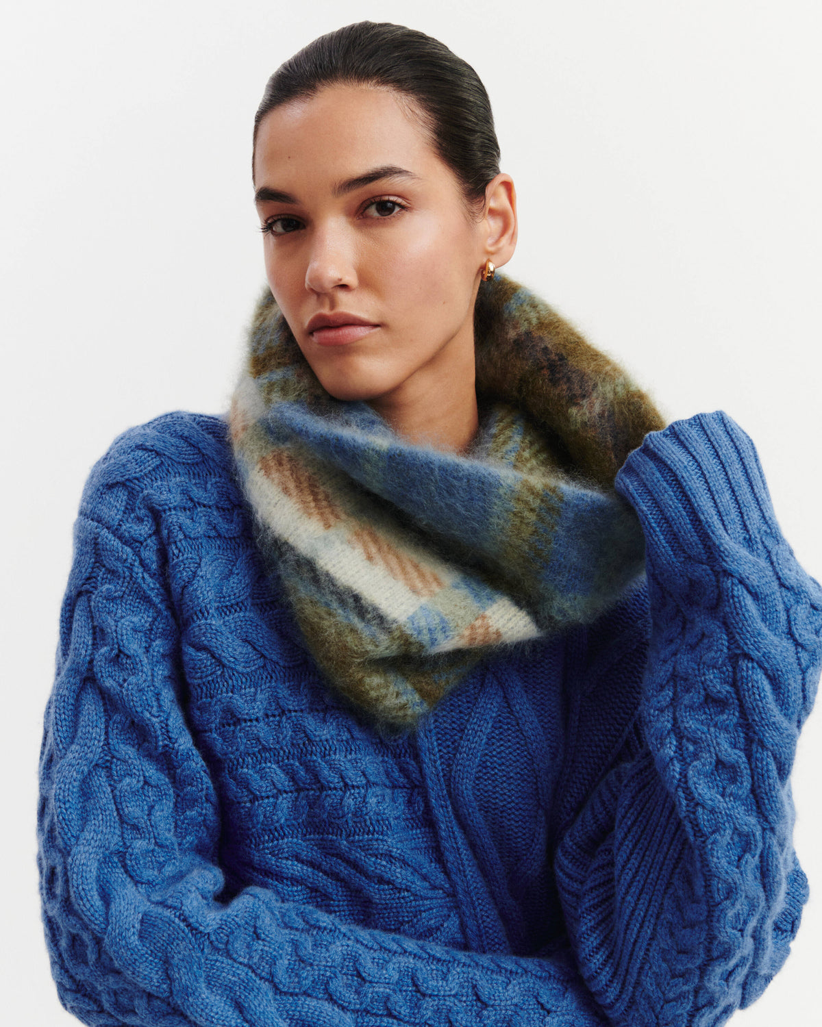Tour de cou tartan brossé-OLIVE/BLEU DELFT-100% cachemire