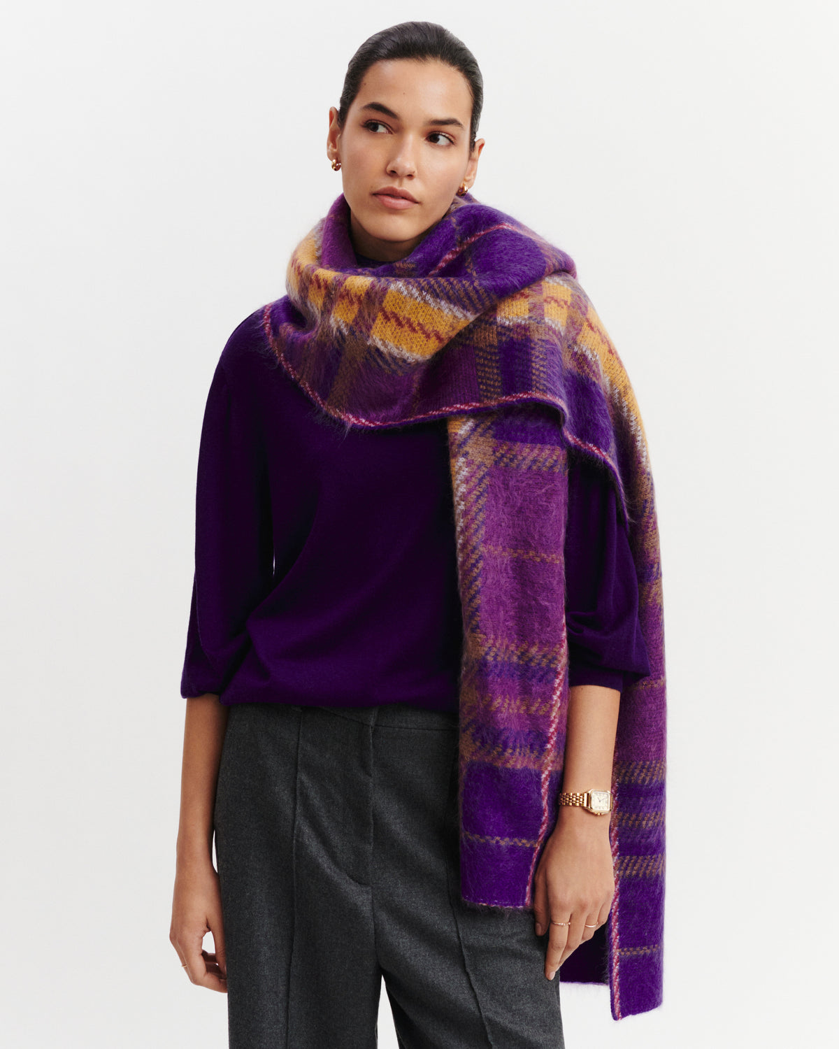 Echarpe tartan brossé-ULTRAVIOLET/CYCLAMEN-100% cachemire