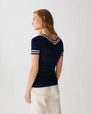 Striped trim extrafine V-neck jumper