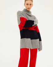 Rib placed stripes cable stitch roll-neck sweater