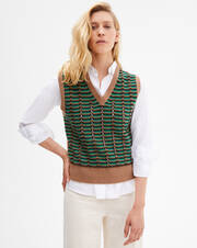 Sleeveless tricolour stitch openwork V-neck sweater