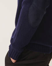 Offset shoulders crew neck jumper with imitation suede elbow patches