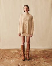 Cables and pointelle oversized pullover with built-in turtleneck, side slits