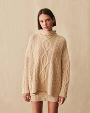 Cables and pointelle oversized pullover with built-in turtleneck, side slits