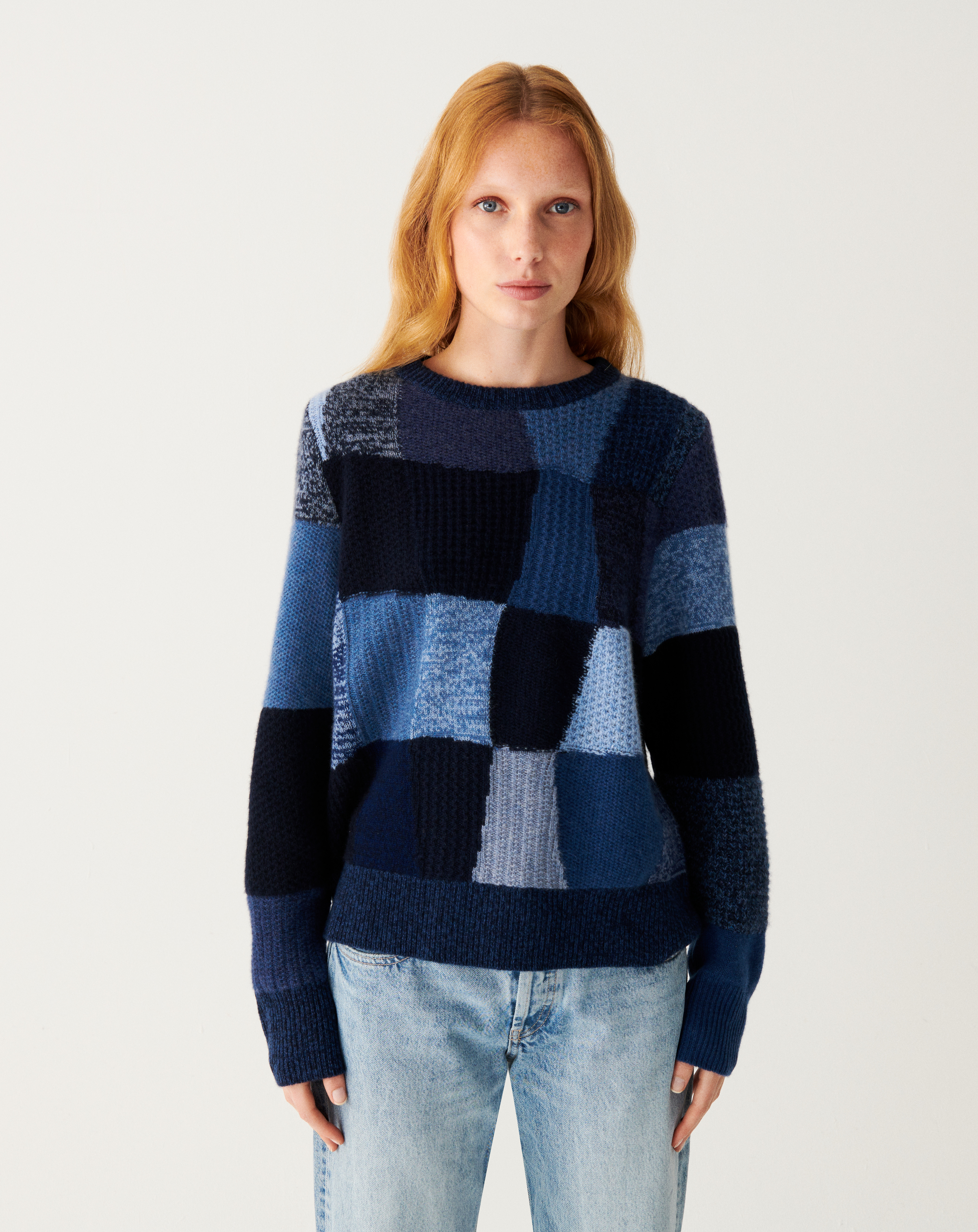 Patchwork effect intarsia loose crew neck pullover